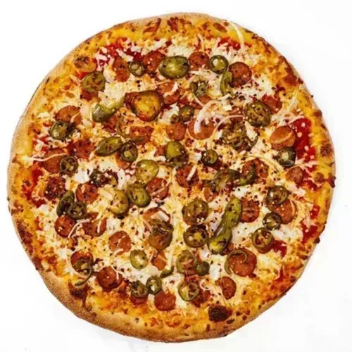 Fiery Dragon — Chorizo, onion, jalapeño, chili flakes, and mozzarella on tomato sauce