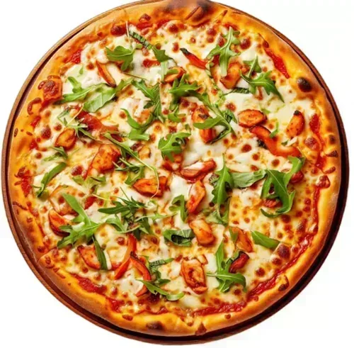 Trip to Taj Mahal — Tandoori chicken with green peppers, red onion, and mozzarella on butter cream sauce, finished with